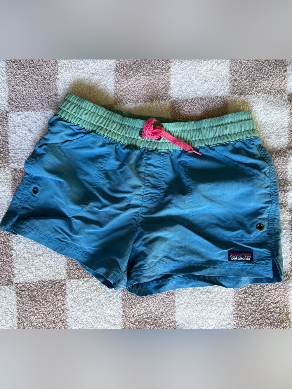 Patagonia Teal Blue Swim Shorts with Mint Waistband and Pink Drawcord